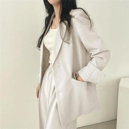 Women’s Tailored Two Piece Suit Set with Long Blazer and Straight-Leg Trousers