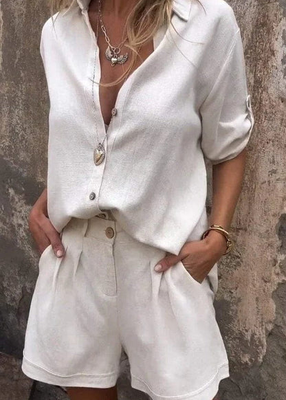 Women's Button-Up Two-Piece Shorts Set with Rolled Sleeves
