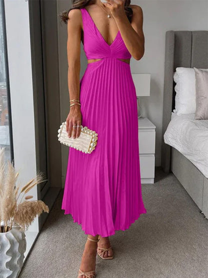 Elegant V-Neck Pleated Skirt Dress for Women