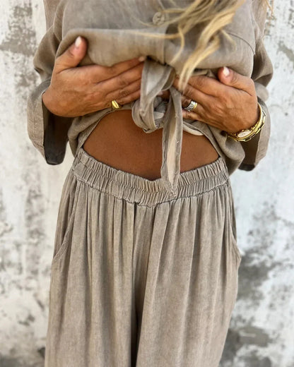 Women's Button-Front Two-Piece Set with Tie Waist and Wide-Leg Pants