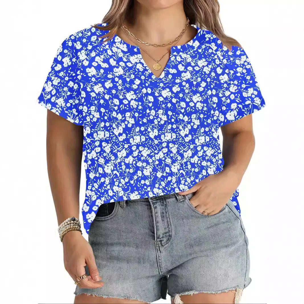 Women's Floral Short-Sleeve Button Top with Loose Casual Fit