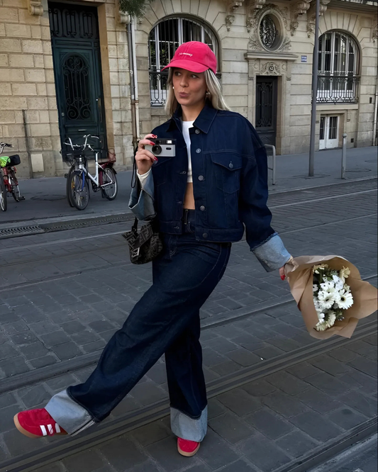 Women's Denim Jacket and Wide-Leg Pants Two-Piece Set with Cuffed Finish