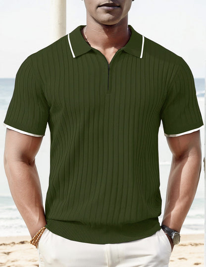 Men's Ribbed Short-Sleeve Zip Polo Shirt with Contrast Trim