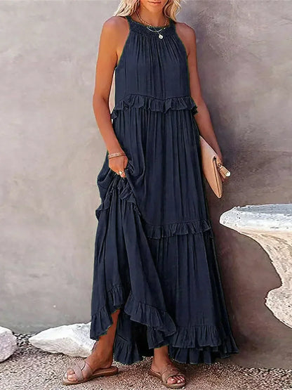 Women's Halterneck Maxi Dress with Ruffle Layers and Side Pockets
