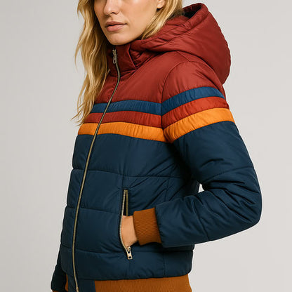 Women’s Waterproof Puffer Jacket – Colorblock Hooded Winter Coat