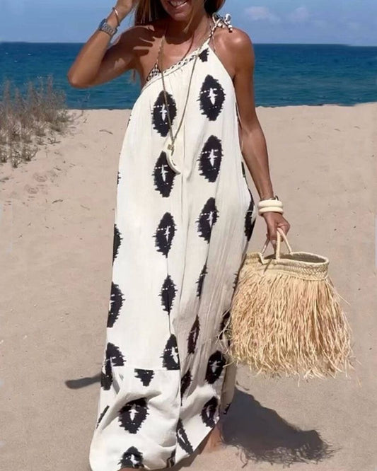 Women's One-Shoulder Loose Maxi Dress with Tribal Print