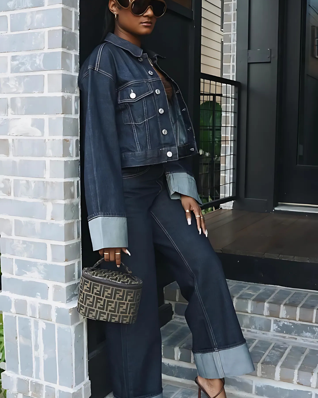 Women's Denim Jacket and Wide-Leg Pants Two-Piece Set with Cuffed Finish