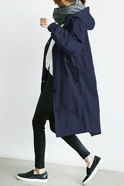 Women's Oversized Button-Up Trench Coat with Hood and Pockets