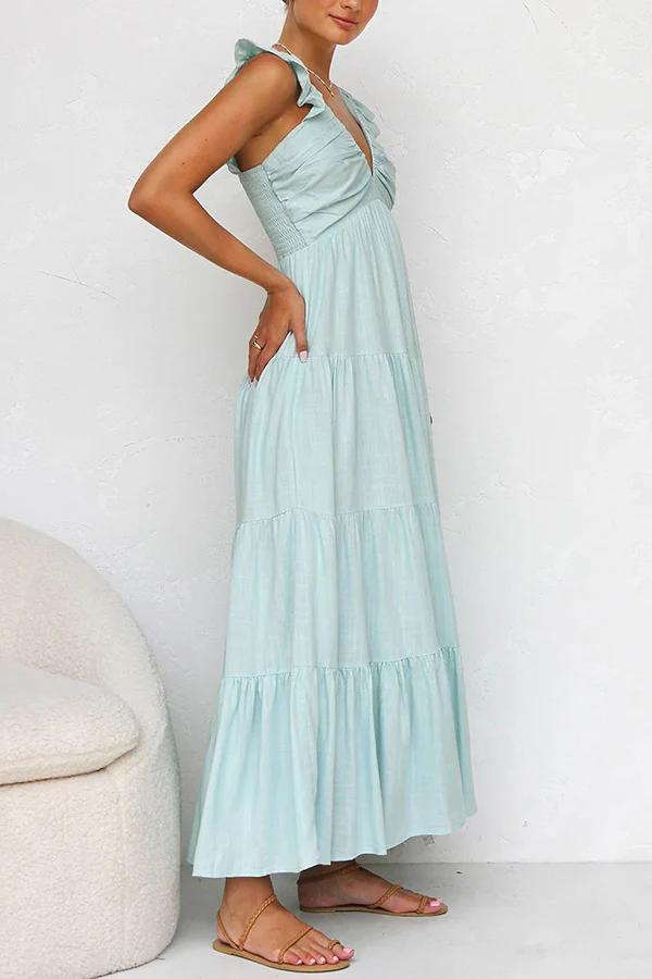 Women's Ruffle Sleeve V-Neck Tiered Maxi Dress