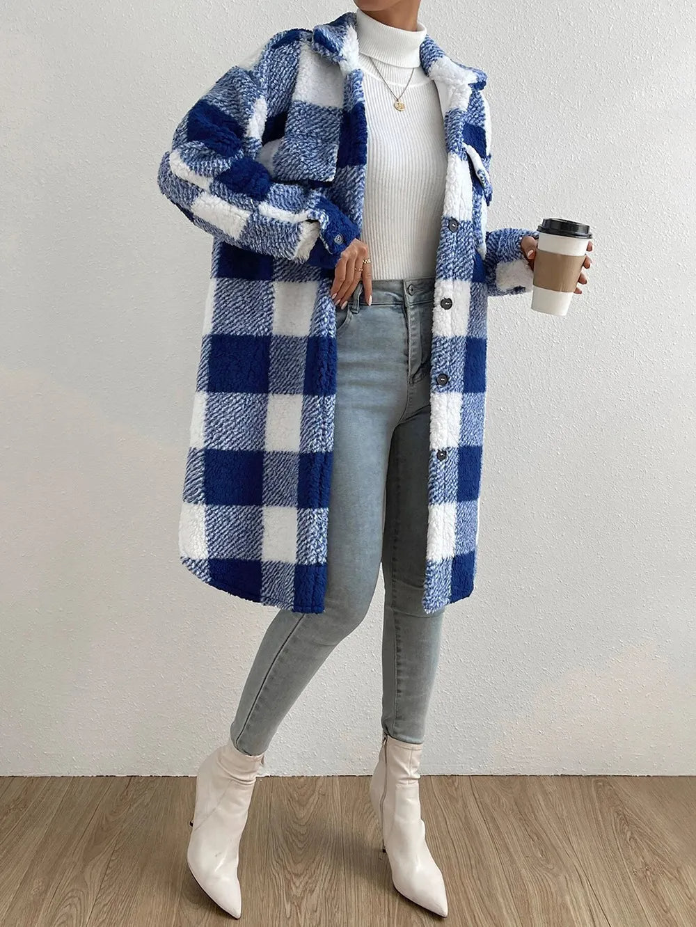 Women's Long Plaid Teddy Fleece Coat with Button Front and Pockets