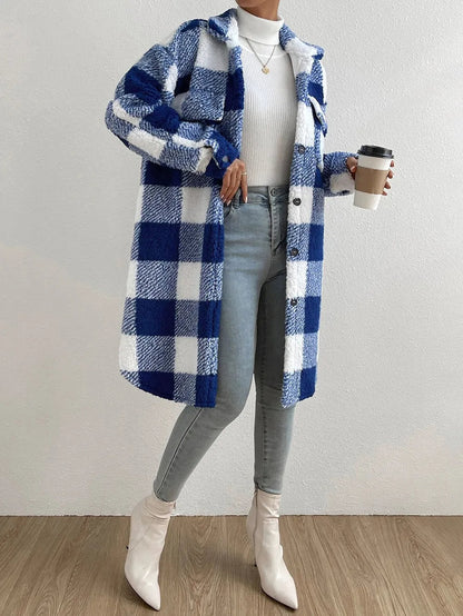 Women's Long Plaid Teddy Fleece Coat with Button Front and Pockets
