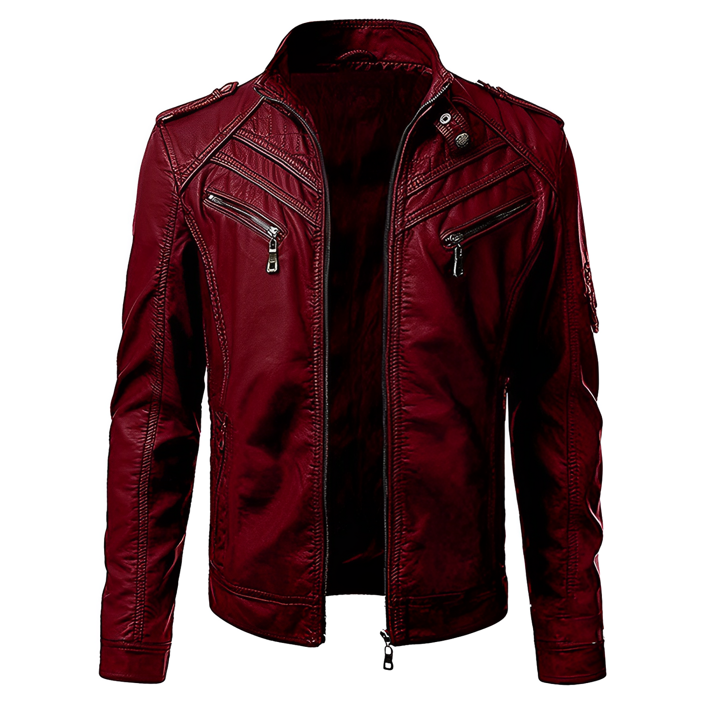 Men's Slim Fit Leather Jacket with Zip Pockets and Stand Collar