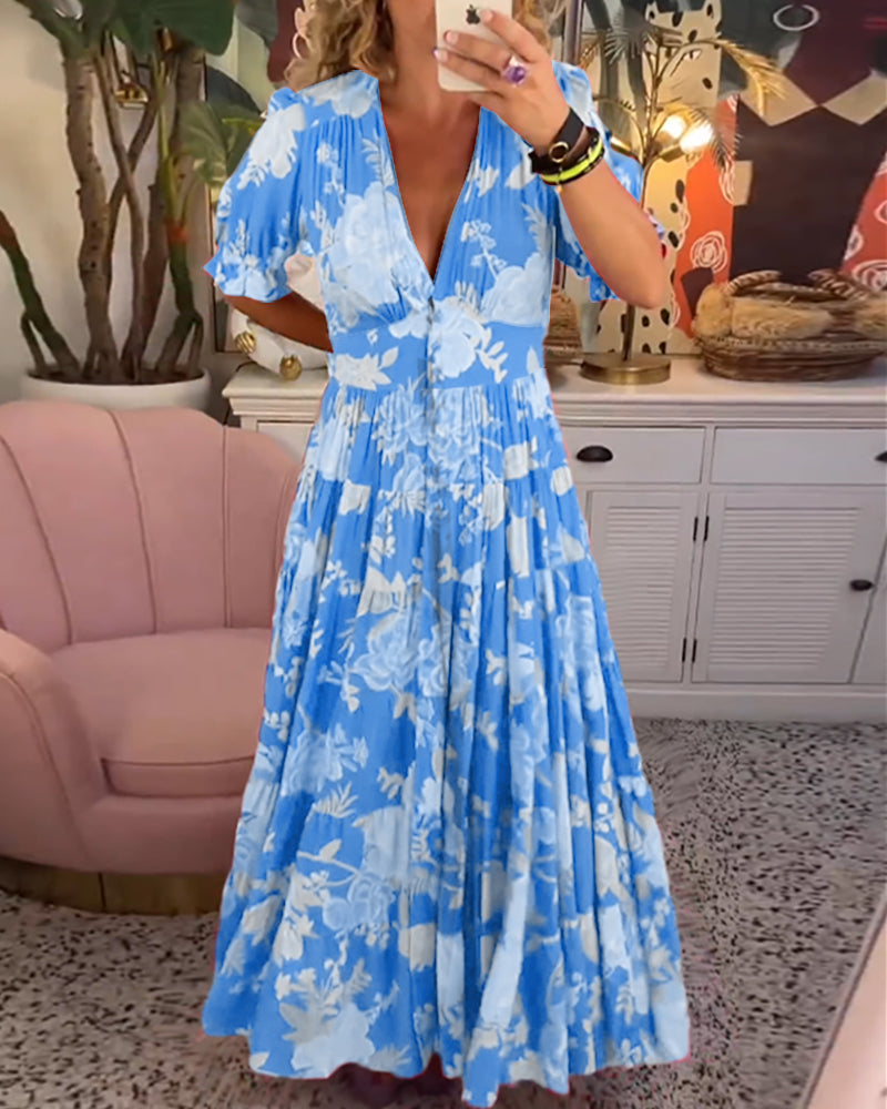 Women's Floral V-Neck Maxi Dress with Short Pleated Sleeves
