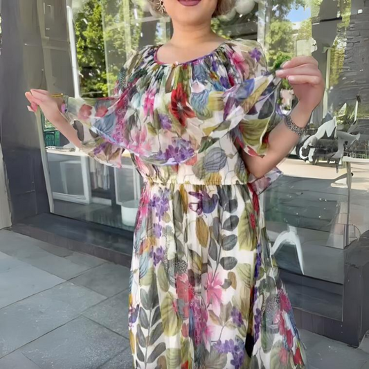Women's Floral Maxi Dress with Gathered Neckline
