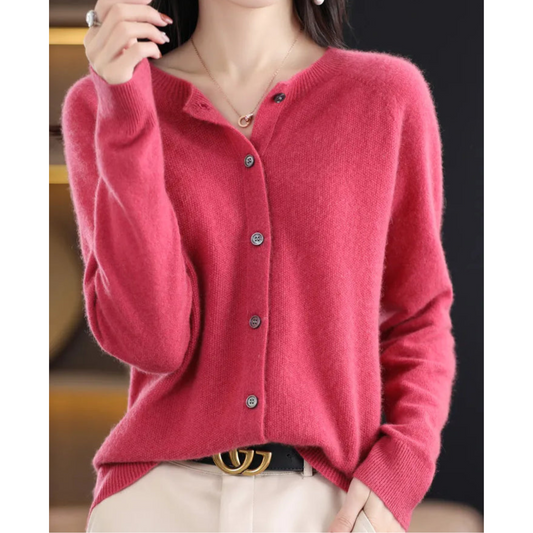 Women's Soft Knit Cardigan with Round Neck and Button Closure