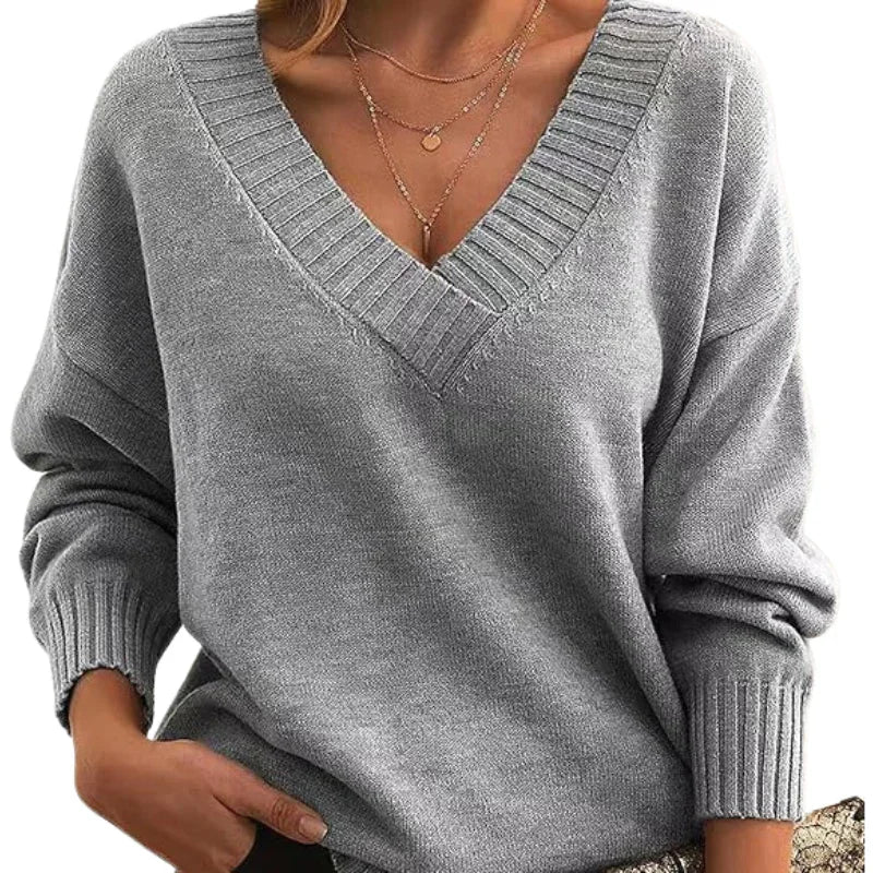 Women’s V-Neck Textured Knit Jumper with Relaxed Fit Regular Length
