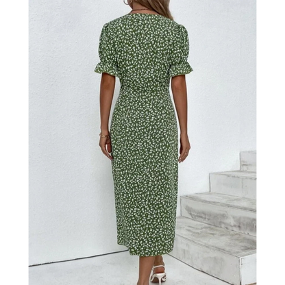 Summer Midi Dress for Women with Puff Sleeves and Buttons