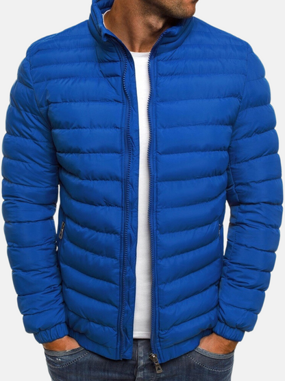 Men's Puffer Bomber Jacket with Zip Closure Stand Collar and Cuffs
