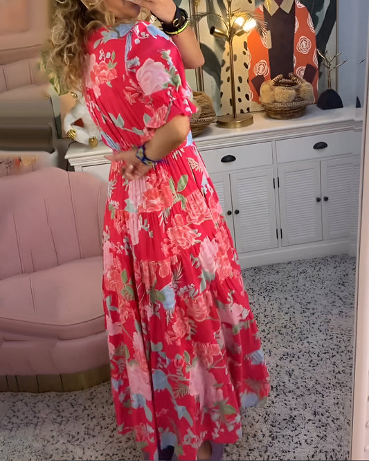 Women's Short-Sleeve Floral Maxi Dress with V-Neck and Flowing Skirt