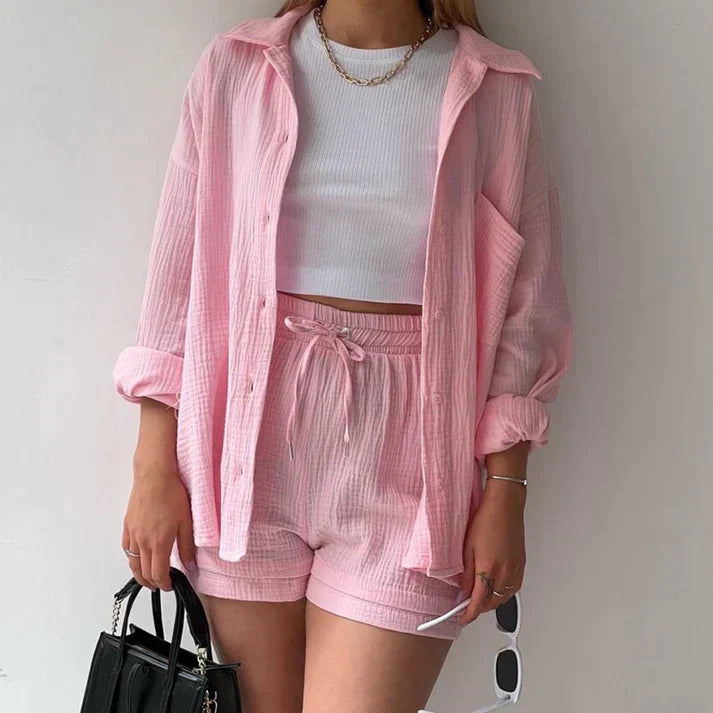 Women's Two-Piece Shorts Set with Button-Down Shirt