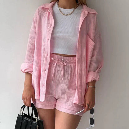 Women's Two-Piece Shorts Set with Button-Down Shirt