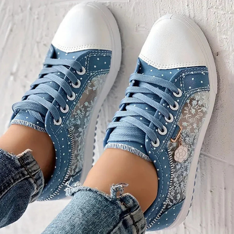 Women's Casual Sneakers with Lace Mesh and Polka Dot Design