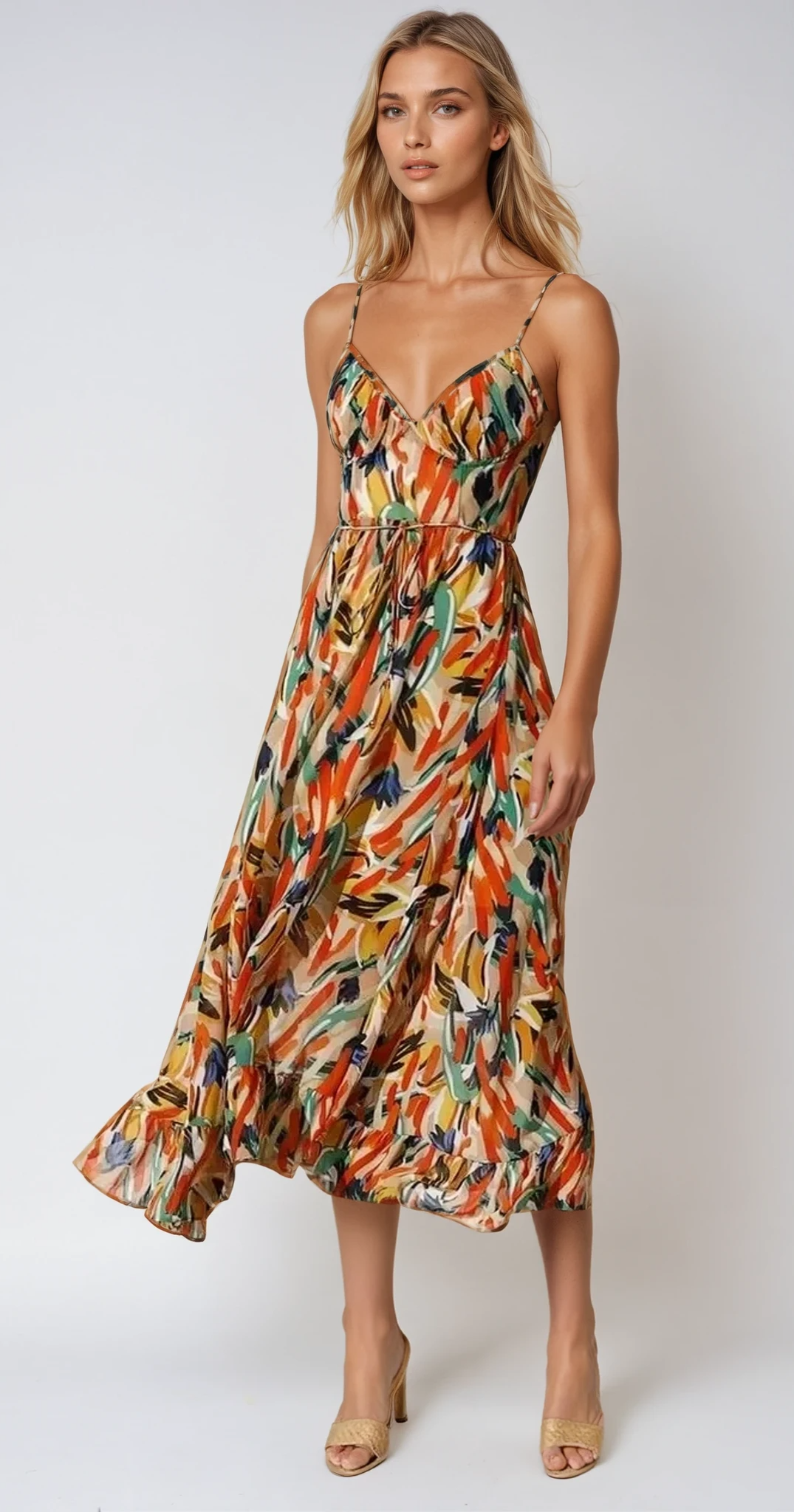 Women’s Floral V-Neck Midi Dress with Ruffled Hem