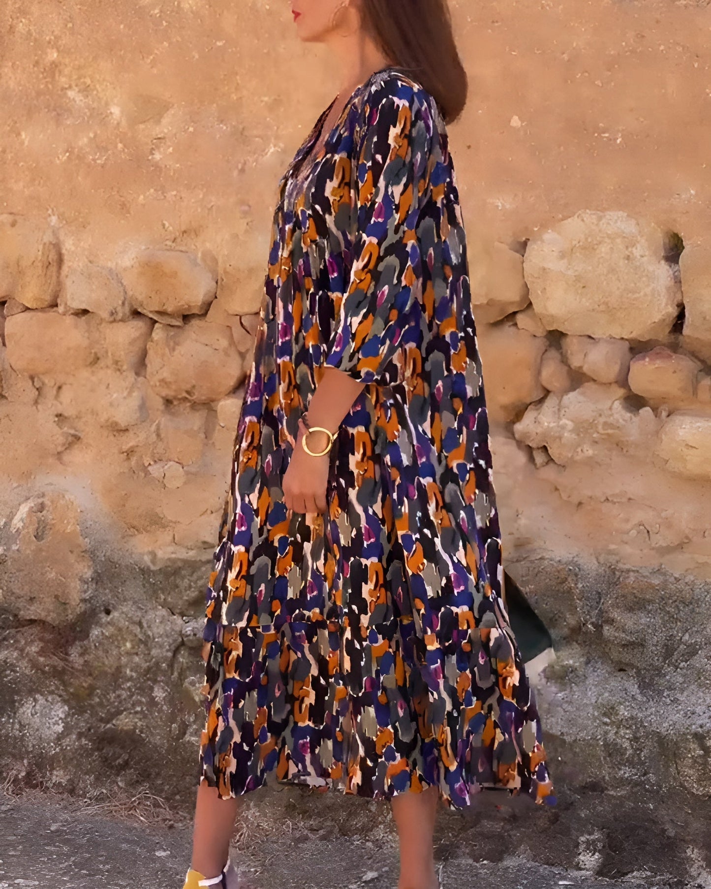 Women's Printed Midi Dress with V-Neckline and 3/4 Puff Sleeves