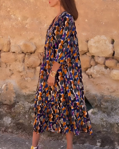 Women's Printed Midi Dress with V-Neckline and 3/4 Puff Sleeves