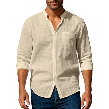 Men’s Long Sleeve Stand Collar Linen Shirt with Pockets – Casual & Stylish