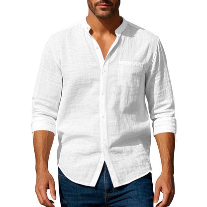 Men’s Long Sleeve Stand Collar Linen Shirt with Pockets – Casual & Stylish