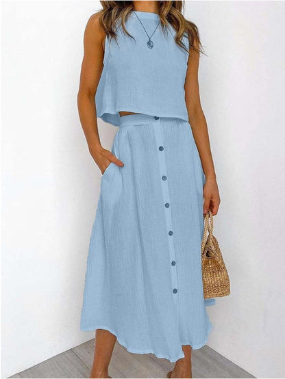 Women's Two-Piece Sleeveless Top and Button-Front Midi Skirt Set