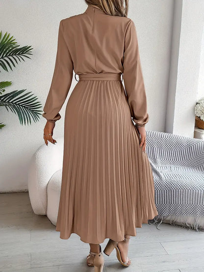Women's Chic Pleated Midi Dress with Belted Waist