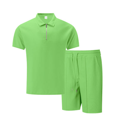 Men’s Solid Color Polo Collar T-Shirt & Shorts Set – Casual Leisure Outfit