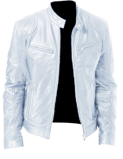 Men's Sleek Leather Jacket with Zip Closure and Stand Collar Design