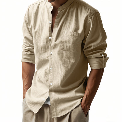 Men’s Long Sleeve Stand Collar Linen Shirt with Pockets – Casual & Stylish