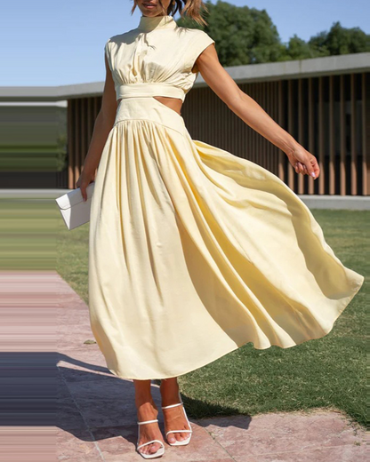 Women's Sleeveless Pleated Midi Dress with Stand Collar