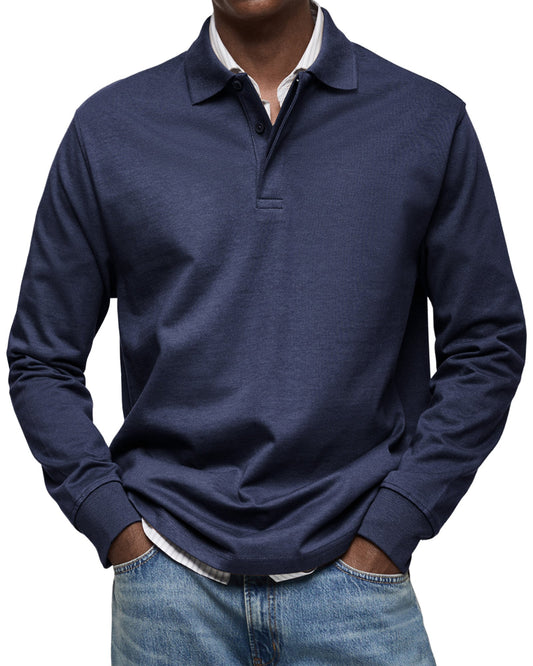 Men's Long Sleeve Polo Shirt with Button Collar and Cuffed Hem