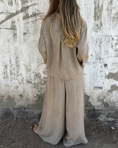 Women's Button-Front Two-Piece Set with Tie Waist and Wide-Leg Pants