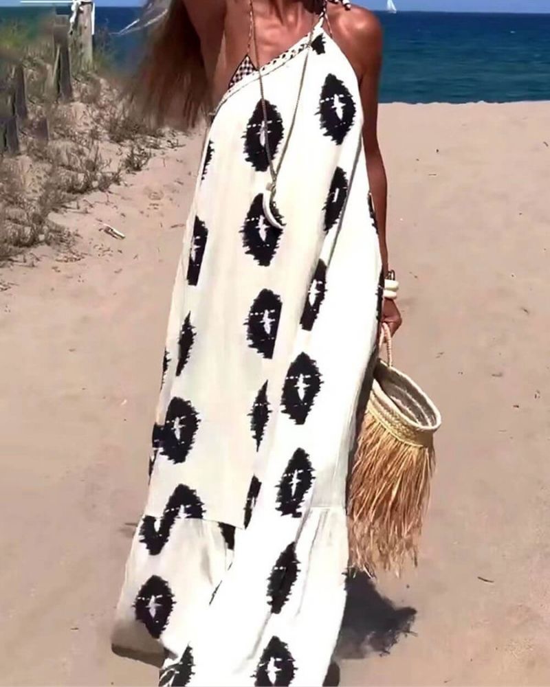 Women's One-Shoulder Loose Maxi Dress with Tribal Print