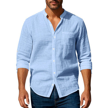 Men’s Long Sleeve Stand Collar Linen Shirt with Pockets – Casual & Stylish