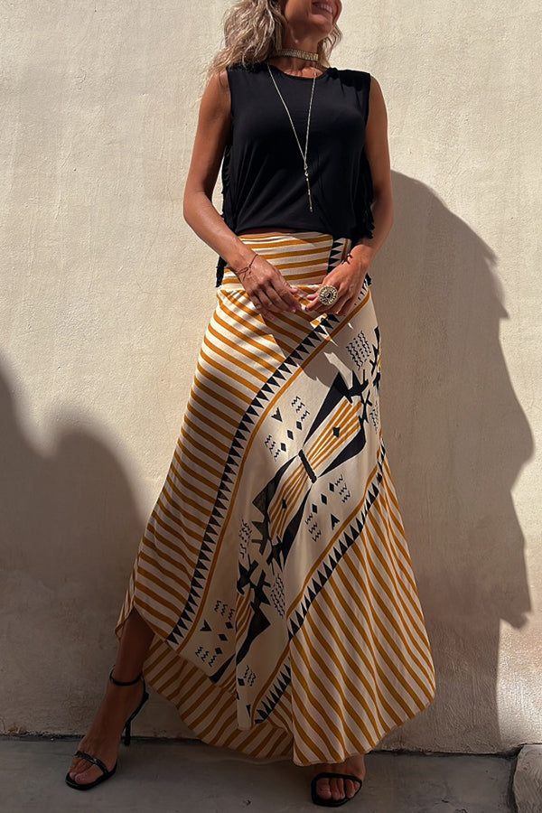 Women's Tribal Print High Waist Maxi Skirt with Flowing Hem