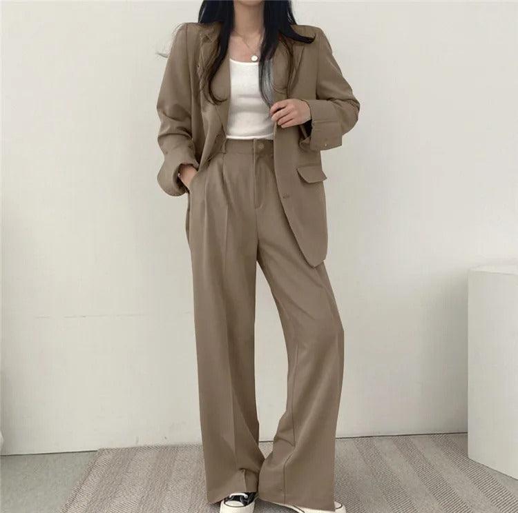 Women’s Tailored Two Piece Suit Set with Long Blazer and Straight-Leg Trousers