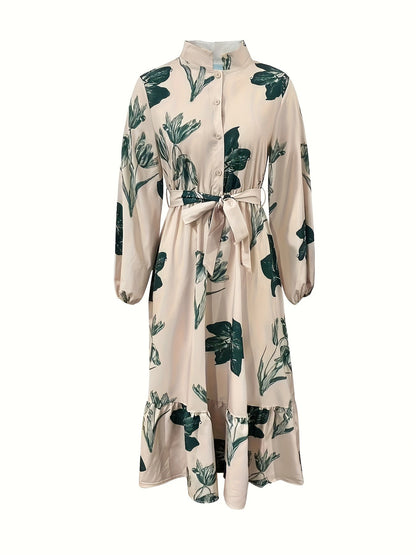 Women's Elegant Floral Maxi Dress with Belted Waist and Long Sleeves