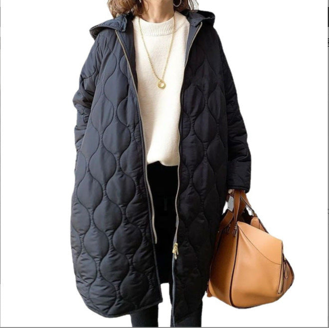 Women's Quilted Hooded Coat with Full Zip and Long Silhouette