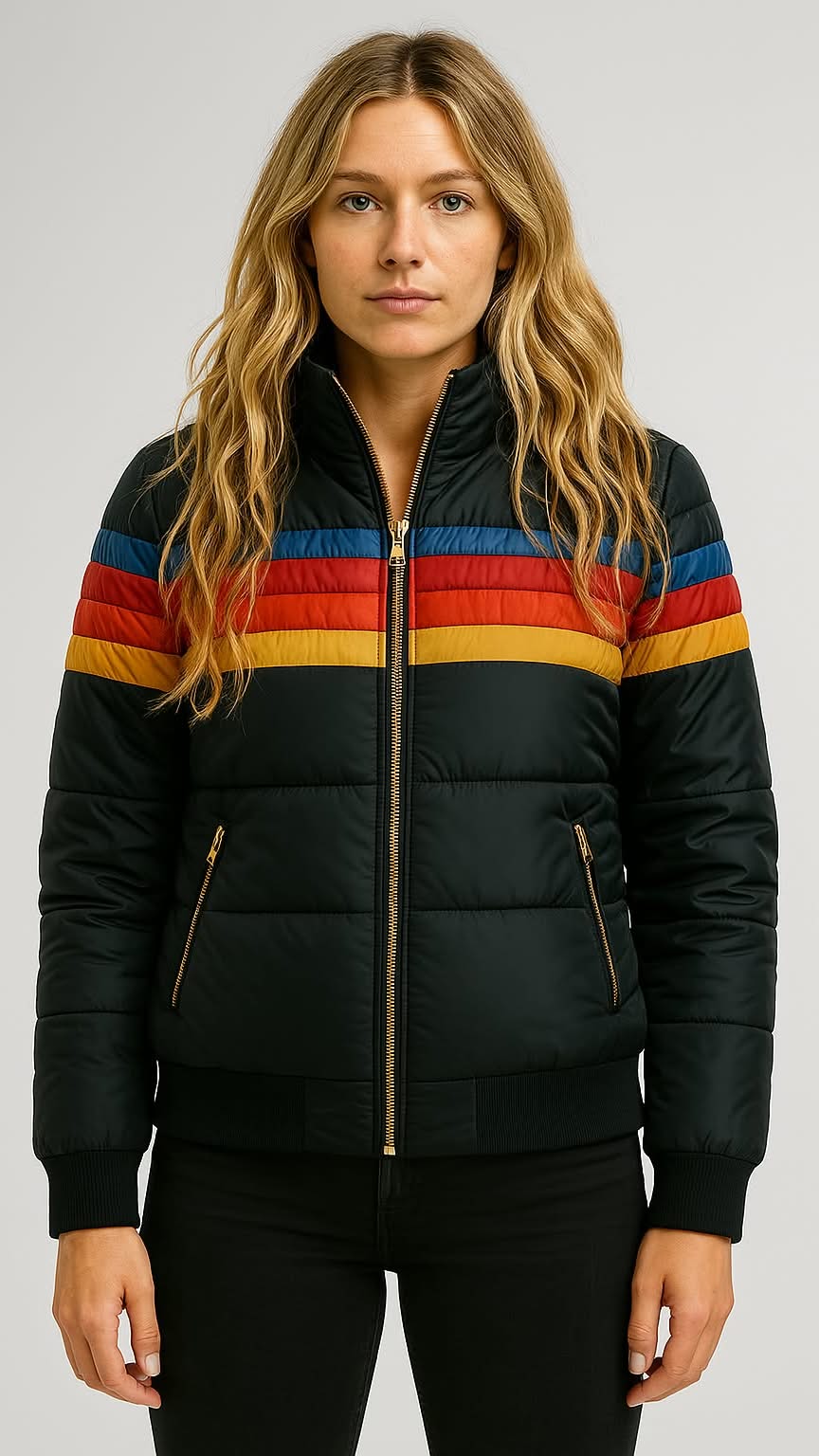 Women’s Waterproof Puffer Jacket – Colorblock Hooded Winter Coat