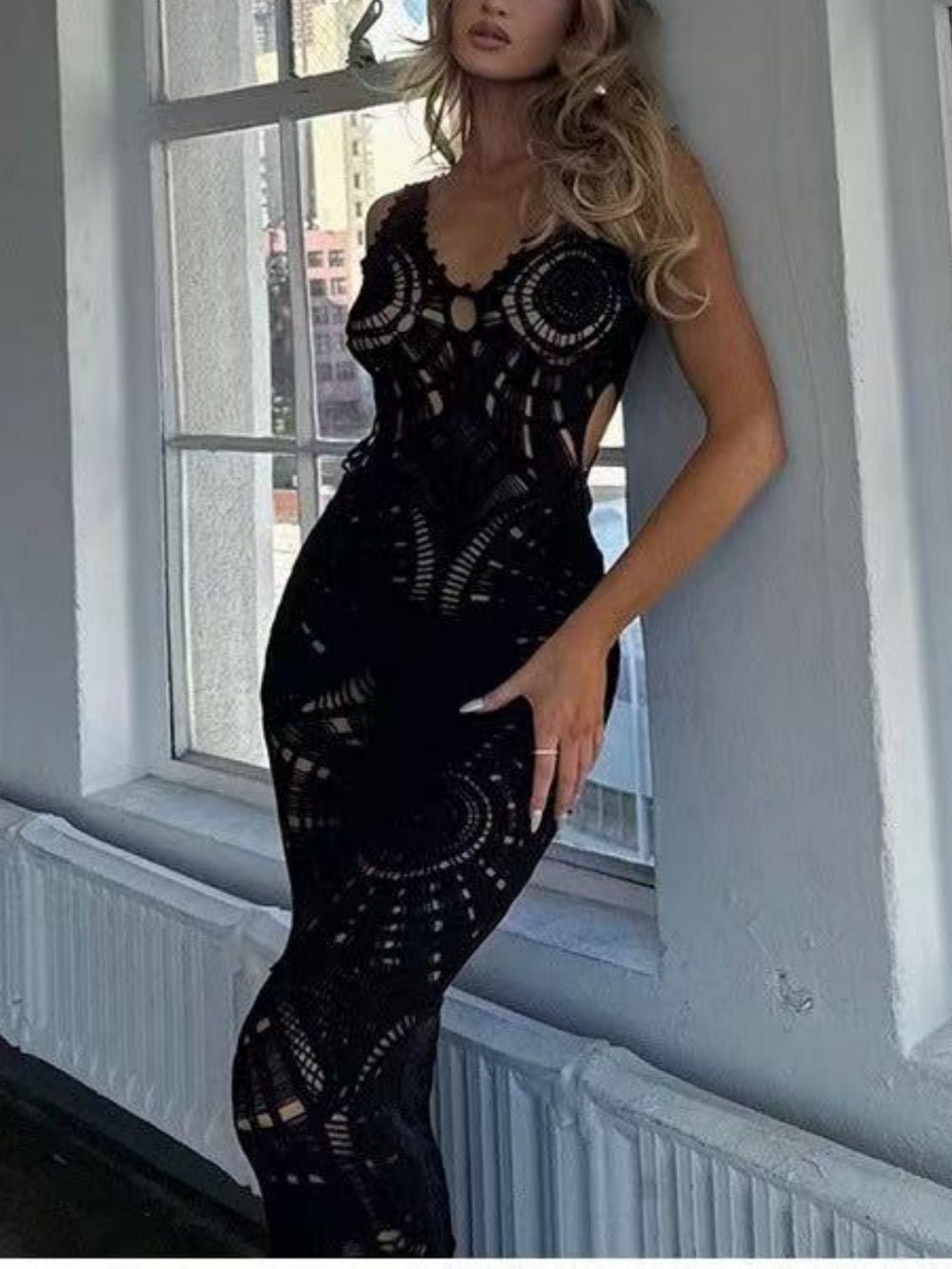 Women’s Crochet Beach Maxi Dress with V-Neck and Hollow Design