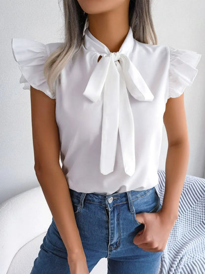 Women's Ruffle Sleeve Blouse with Front Tie and Elegant Neckline