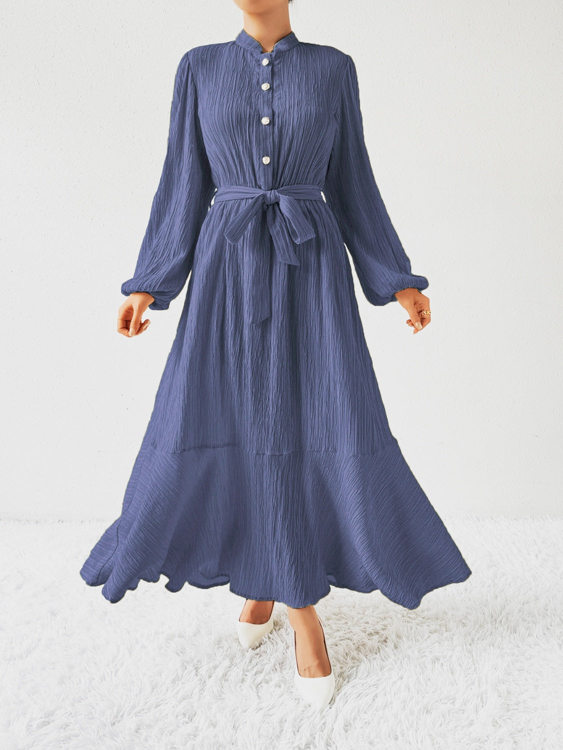 Women's Long-Sleeve Buttoned Maxi Dress with Waist Tie