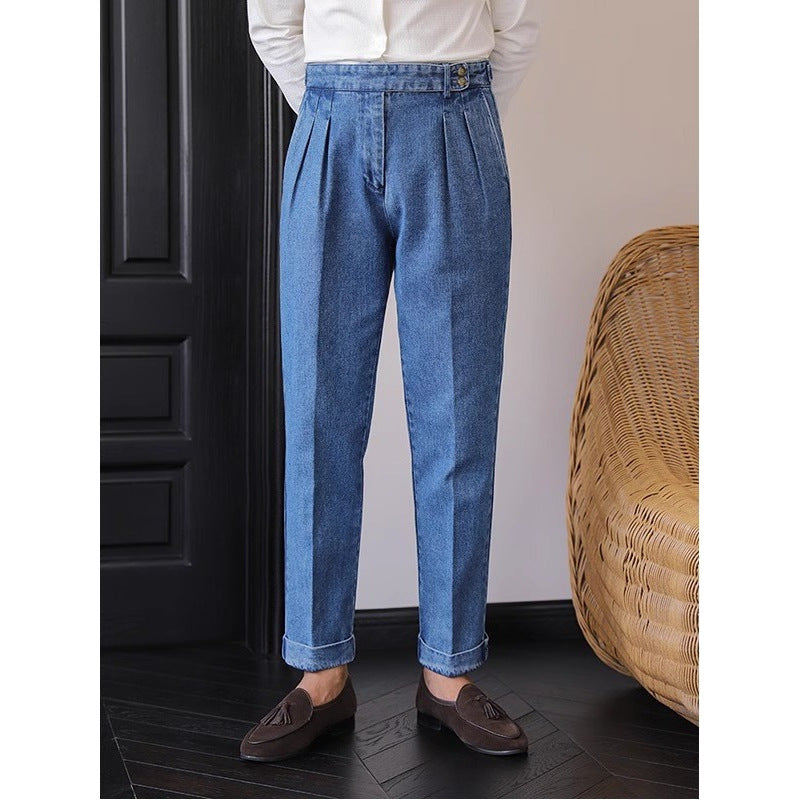 British Style High-Waist Men's Straight-Leg Jeans – Drooping Curl Hem Suit Pants